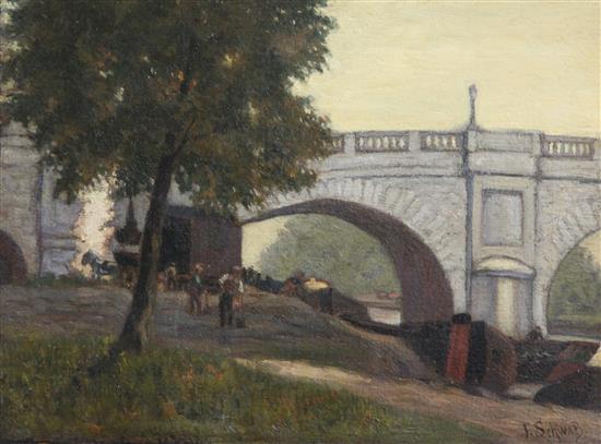 F. Schwab (19th C.) Workmen beside a bridge 12 x 16in., unframed